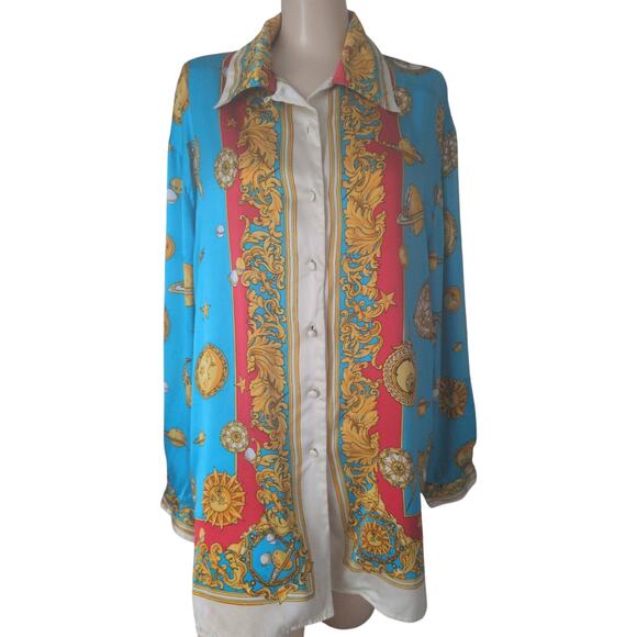 VTG Silk Celestial Print Button Up Top Women Large Art to Wear Oversized Baroque - Picture 1 of 6